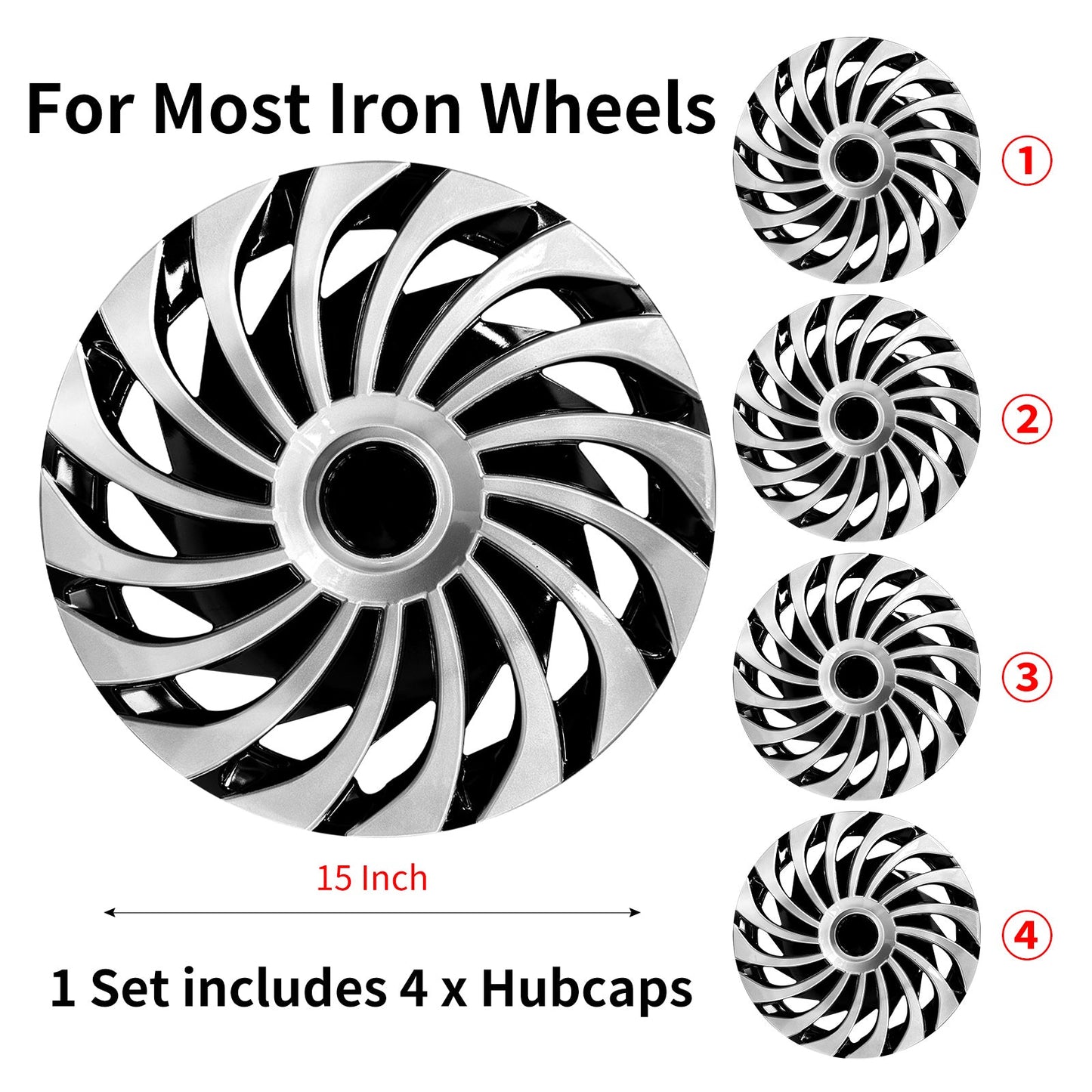 15" Cyclone Style Wheel Covers Hubcaps for Universal Fit R15 Tire Steel Wheels 4 PCS - MOTENIO