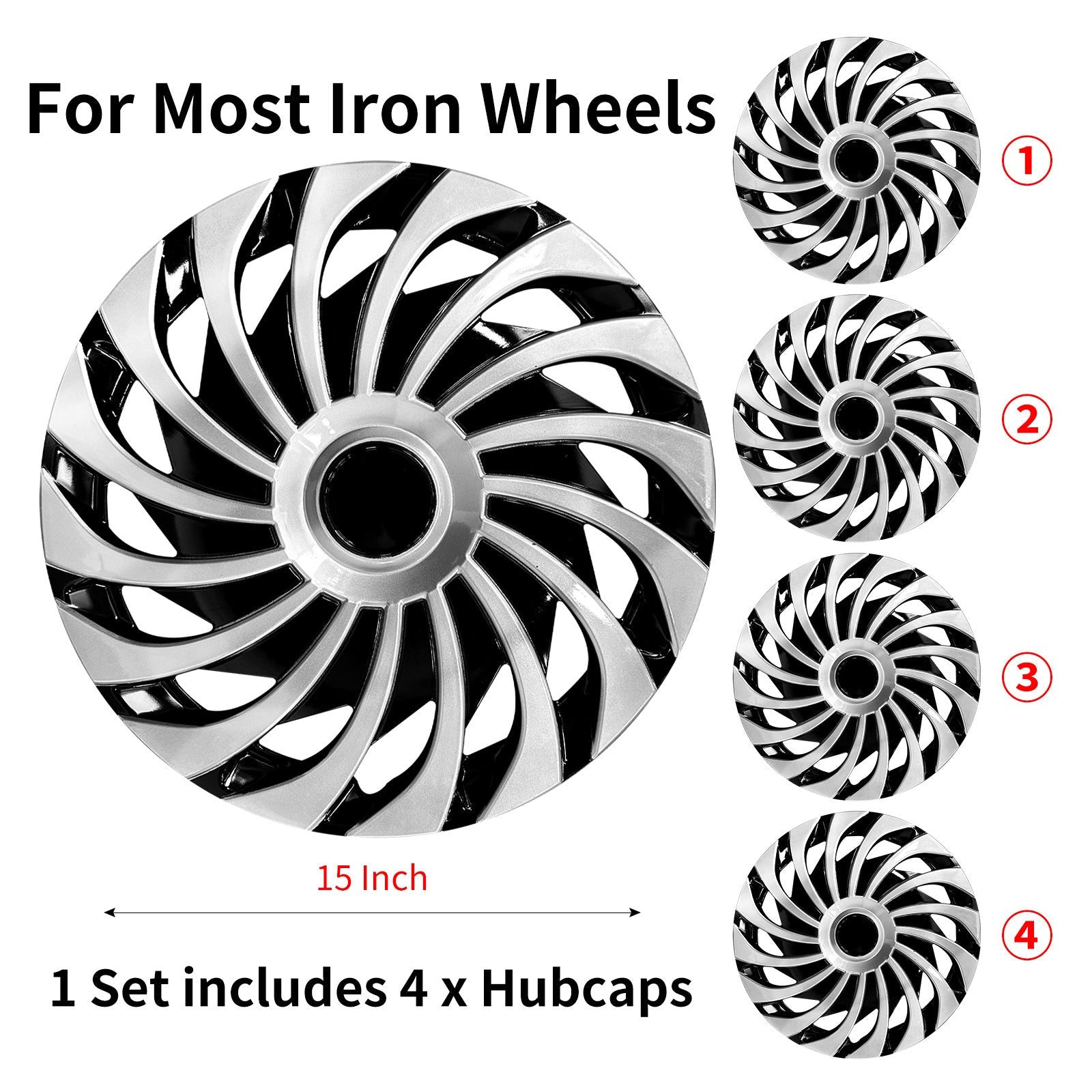 15" Cyclone Style Wheel Covers Hubcaps for Universal Fit R15 Tire Steel Wheels 4 PCS - MOTENIO