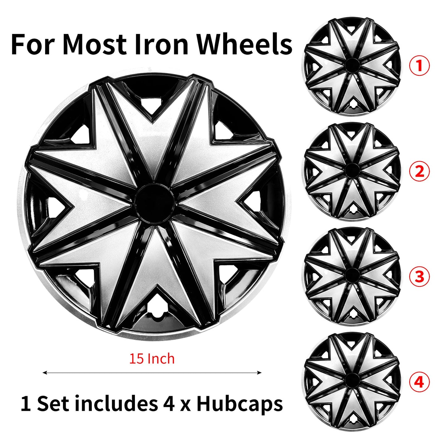 15" Star Style Wheel Covers Hubcaps for Universal Fit R15 Tire Steel Wheels 4 PCS - MOTENIO