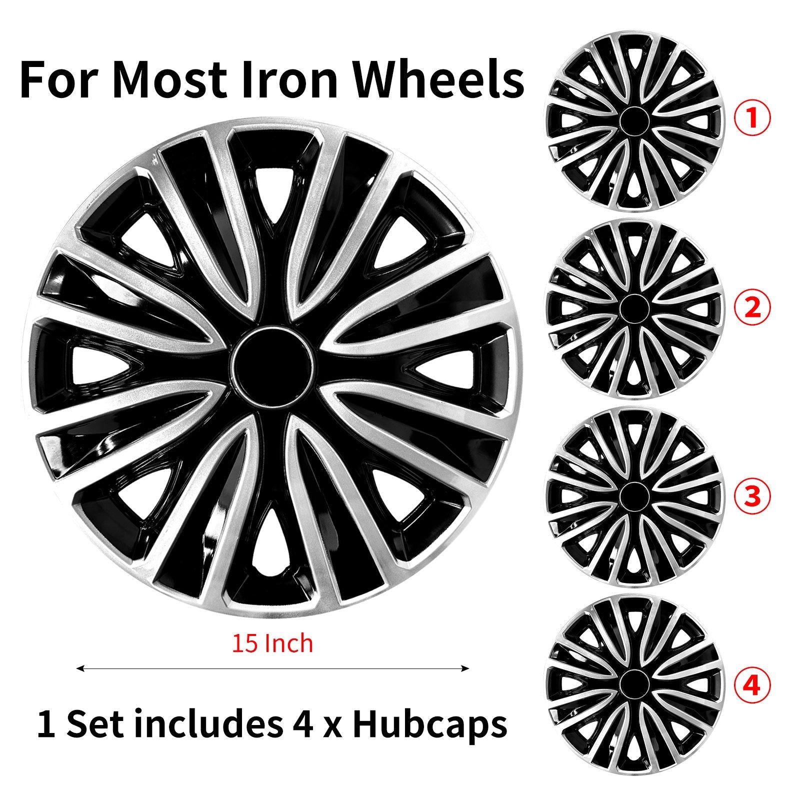 15" Sword Style Wheel Covers Hubcaps for Universal Fit R15 Tire Steel Wheels 4 PCS - MOTENIO