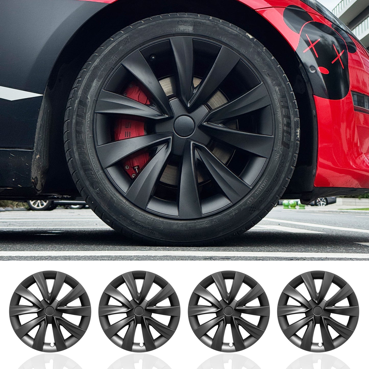 18'' Wheel Cover Design for Tesla Model 3 2017-2023 Hubcaps Matte Black Turbine Style(set of 4)