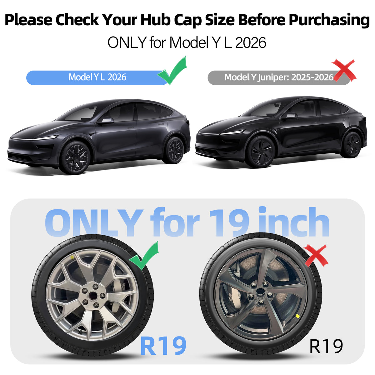 Wheel Cover Replacement for 2026 Model Y L 6-Seater Black Hubcap 19" 4X Arachnid
