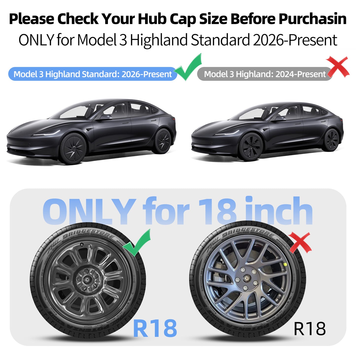 Design for 18" Model 3 Standard 2026 Wheel Cover 4pcs Cyclone hubcaps