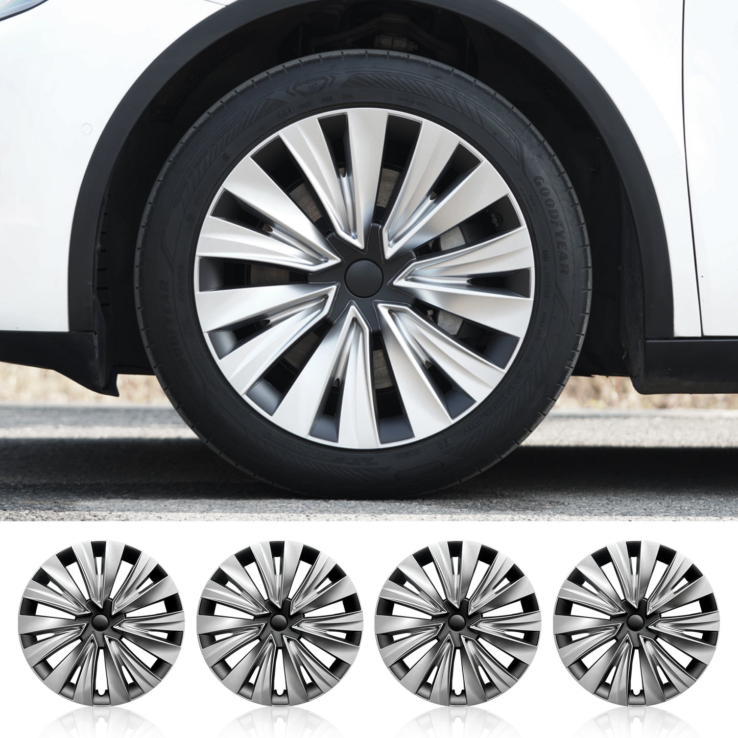 Design for Tesla 2020-2024 Model Y Wheel Cover Turbine New Style Hub Caps Silver Black 4PCS Hubcaps