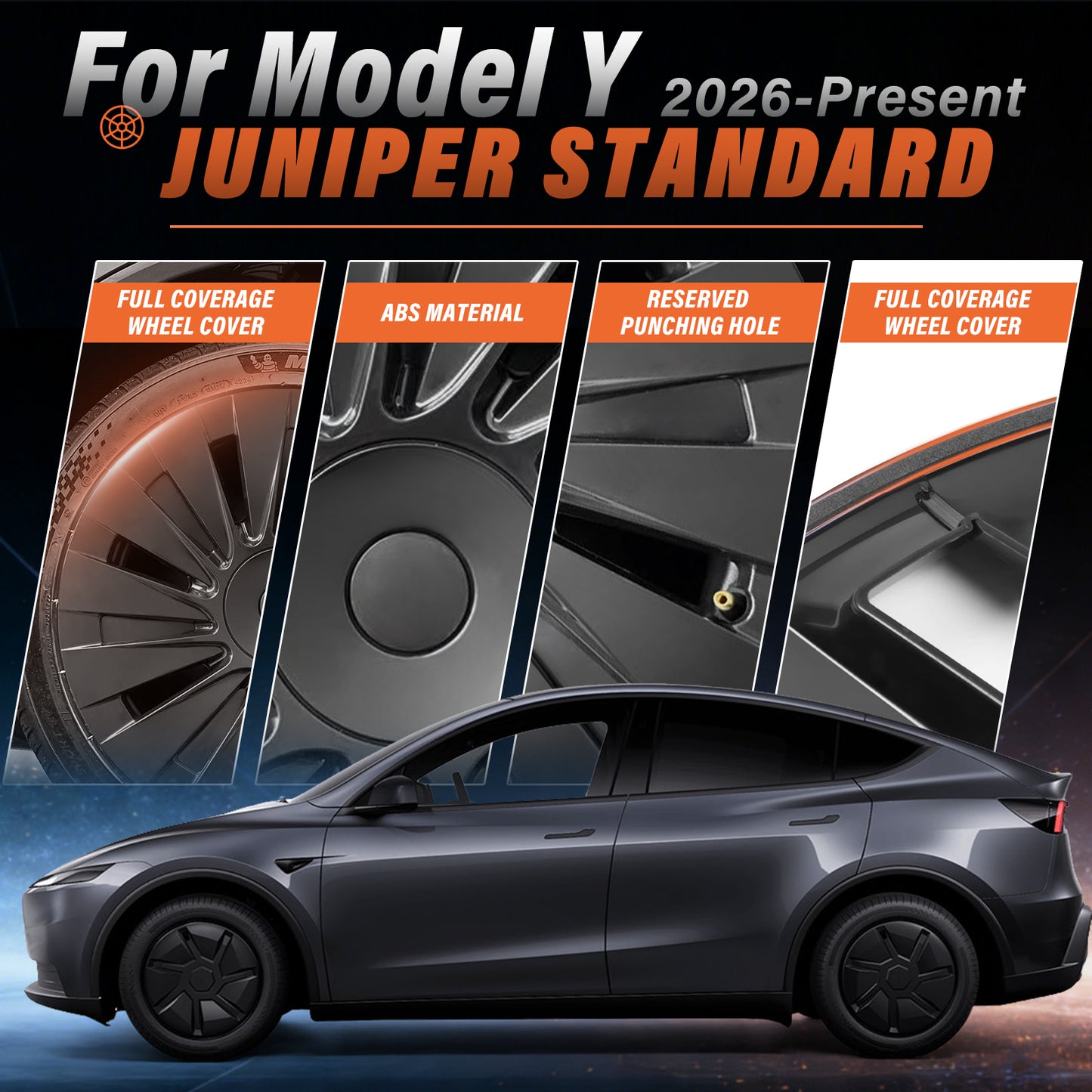 4PCS Hub Cap for Tesla Model Y 2026 18" Standard Wheel Cover Set, Matte Black Hubcaps Replacement for Base Blade Style