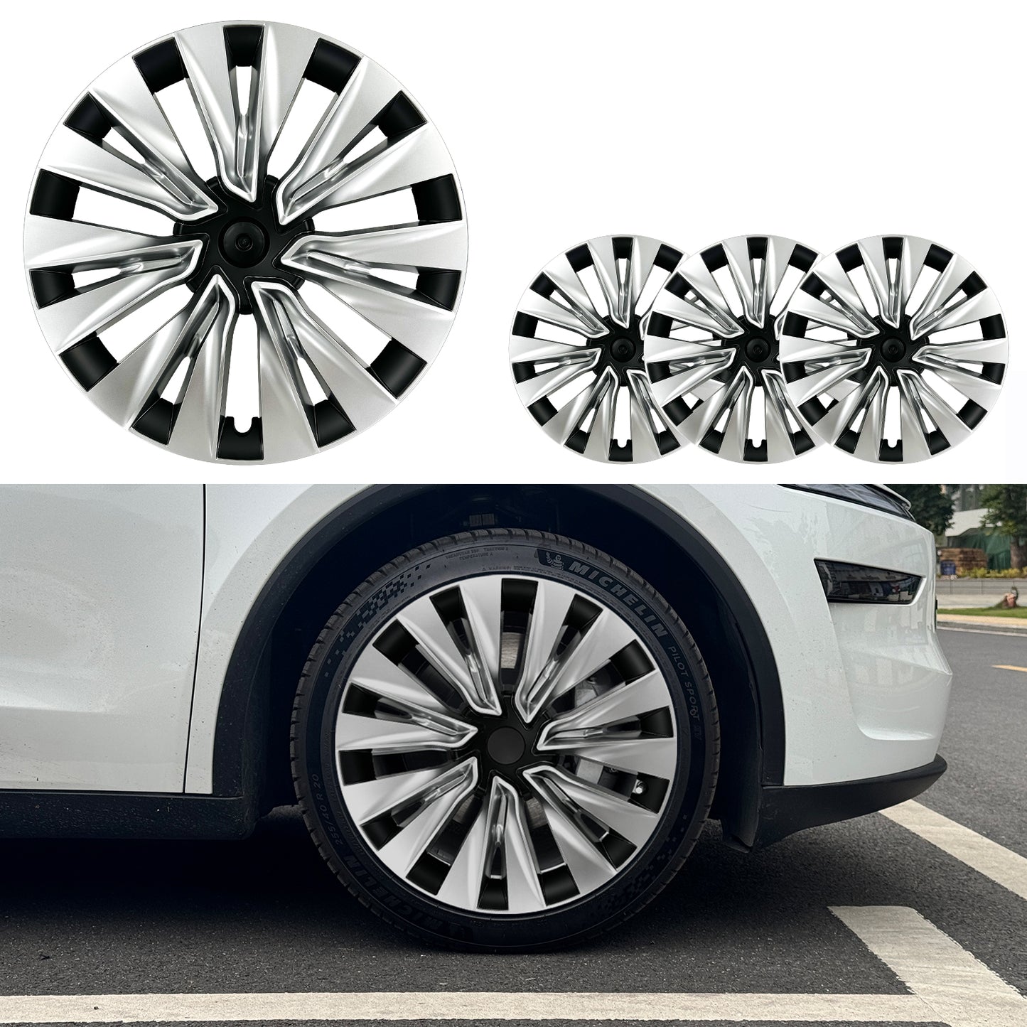 For Tesla Model Y 2020-2024 Wheel Cover Set of 4 19" Hubcaps Turbine Style Replacement Wheel Hub Cover